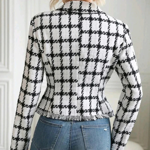 Plaid Pattern Raw Trim Tweed Blazer - Picture 2 of 5